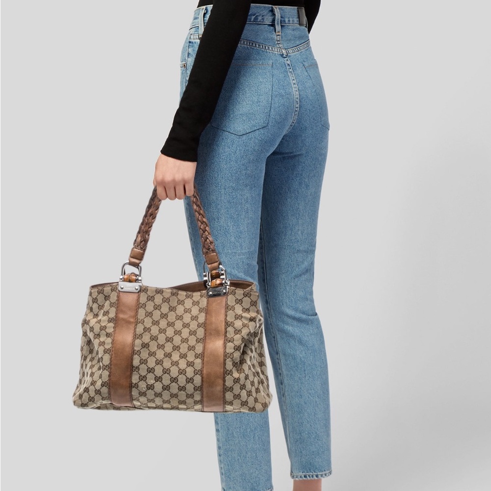 Gucci Brown/Beige GG Canvas Shoulder Bag with Braided Handles - Picture 2 of 3